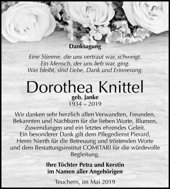 Traueranzeige von Dorothea Knittel von WVG - Wochenspiegel NMB / WSF / ZTZ