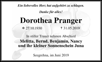 Traueranzeige von Dorothea Pranger von WVG - Wochenspiegel Dessau / Köthen