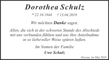 Traueranzeige von Dorothea Schulz von Mitteldeutsche Zeitung Dessau-Roßlau