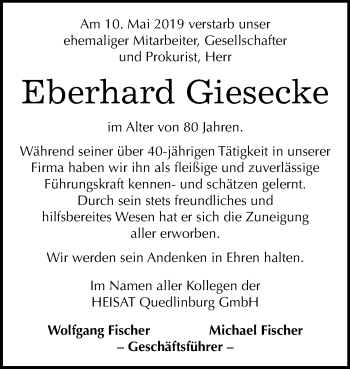 Traueranzeige von Eberhard Giesecke von Super Sonntag Quedlinburg