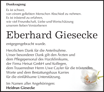 Traueranzeige von Eberhard Giesecke von Mitteldeutsche Zeitung Quedlinburg
