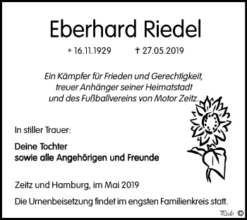 Traueranzeige von Eberhard Riedel von Mitteldeutsche Zeitung Zeitz