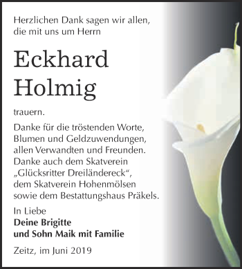 Traueranzeige von Eckhard Holmig von WVG - Wochenspiegel NMB / WSF / ZTZ