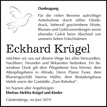 Traueranzeige von Eckhard Krügel von WVG - Wochenspiegel Quedlinburg