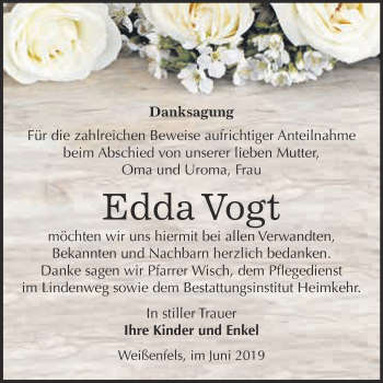 Traueranzeige von Edda Vogt von WVG - Wochenspiegel NMB / WSF / ZTZ