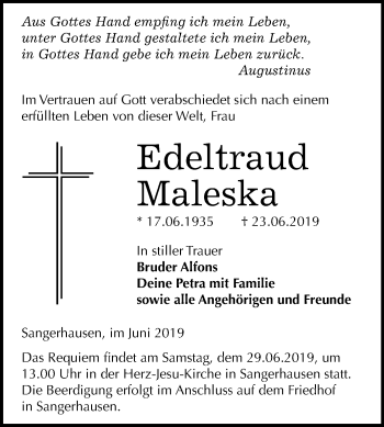 Traueranzeige von Edeltraud Maleska von Mitteldeutsche Zeitung Sangerhausen