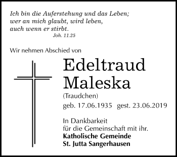 Traueranzeige von Edeltraud Maleska von Mitteldeutsche Zeitung Sangerhausen