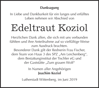 Traueranzeige von Edeltraut Koziol von WVG - Wochenspiegel Wittenberg