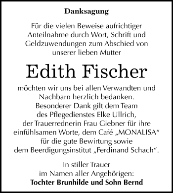 Traueranzeige von Edith Fischer von Mitteldeutsche Zeitung