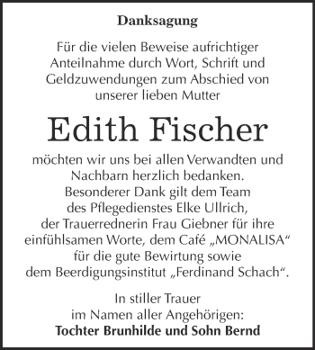 Traueranzeige von Edith Fischer von WVG - Wochenspiegel Wittenberg