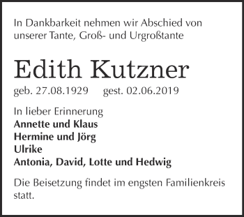 Traueranzeige von Edith Kutzner von WVG - Wochenspiegel Wittenberg