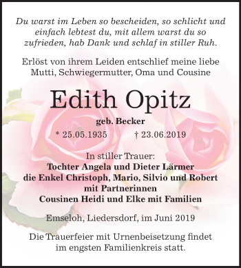 Traueranzeige von Edith Opitz von Mitteldeutsche Zeitung Sangerhausen