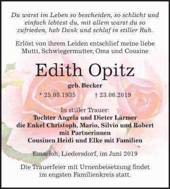 Traueranzeige von Edith Opitz von Super Sonntag SGH Mansf. Land