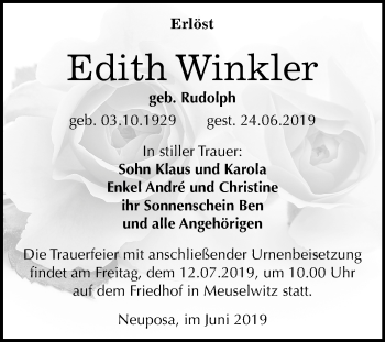 Traueranzeige von Edith Winkler von Mitteldeutsche Zeitung Zeitz