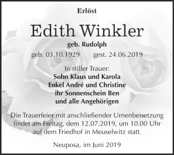 Traueranzeige von Edith Winkler von WVG - Wochenspiegel NMB / WSF / ZTZ