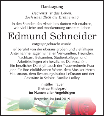 Traueranzeige von Edmund Schneider von Mitteldeutsche Zeitung