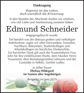 Traueranzeige von Edmund Schneider von WVG - Wochenspiegel Wittenberg