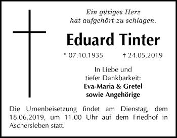 Traueranzeige von Eduard Tinter von Mitteldeutsche Zeitung Aschersleben