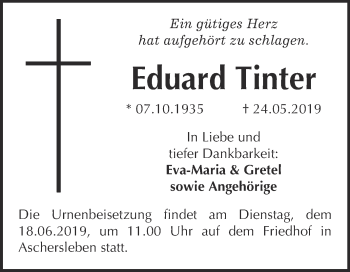 Traueranzeige von Eduard Tinter von Super Sonntag Aschersleben