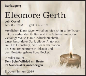 Traueranzeige von Eleonore Gerth von Super Sonntag SGH Mansf. Land