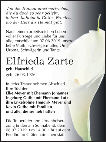 Traueranzeige von Elfrieda Zarte von WVG - Wochenspiegel Wittenberg