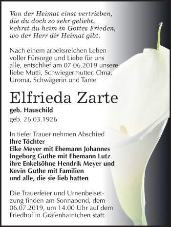 Traueranzeige von Elfrieda Zarte von Mitteldeutsche Zeitung