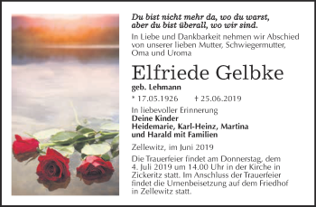 Traueranzeige von Elfriede Gelbke von Super Sonntag Bernburg