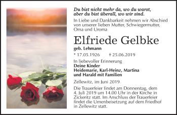 Traueranzeige von Elfriede Gelbke von Mitteldeutsche Zeitung Bernburg