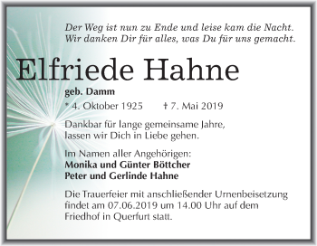 Traueranzeige von Elfriede Hahne von Mitteldeutsche Zeitung Merseburg/Querfurt