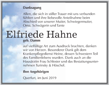 Traueranzeige von Elfriede Hahne von WVG - Wochenspiegel Merseburg