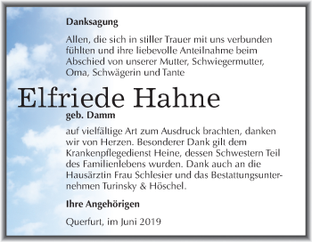 Traueranzeige von Elfriede Hahne von Mitteldeutsche Zeitung Merseburg/Querfurt