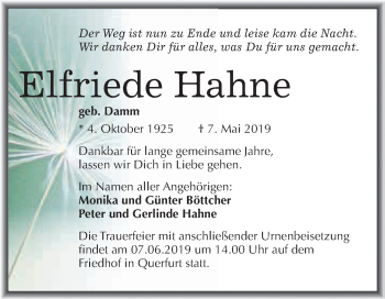 Traueranzeige von Elfriede Hahne von WVG - Wochenspiegel Merseburg