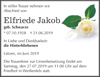 Traueranzeige von Elfriede Jakob von Mitteldeutsche Zeitung Weißenfels