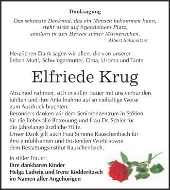 Traueranzeige von Elfriede Krug von WVG - Wochenspiegel NMB / WSF / ZTZ