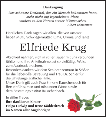 Traueranzeige von Elfriede Krug von Mitteldeutsche Zeitung Zeitz