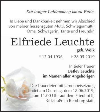 Traueranzeige von Elfriede Leuchte von Super Sonntag Bernburg