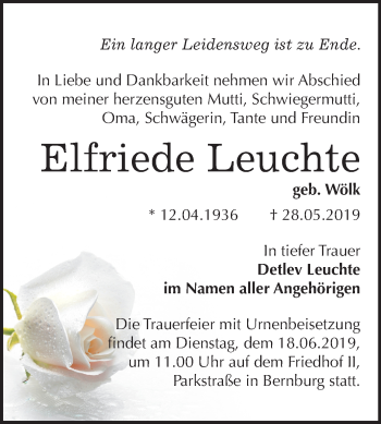 Traueranzeige von Elfriede Leuchte von Mitteldeutsche Zeitung Bernburg