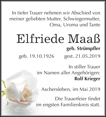 Traueranzeige von Elfriede Maaß von Mitteldeutsche Zeitung Aschersleben