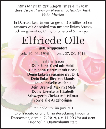 Traueranzeige von Elfriede Olle von Mitteldeutsche Zeitung