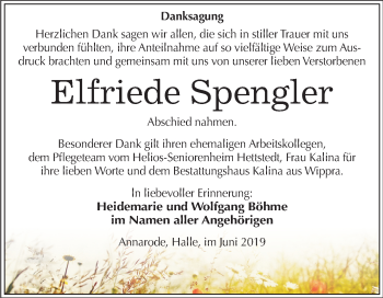 Traueranzeige von Elfriede Spengler von Mitteldeutsche Zeitung Mansfelder Land