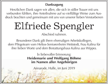 Traueranzeige von Elfriede Spengler von Wochenspiegel Mansfelder Land