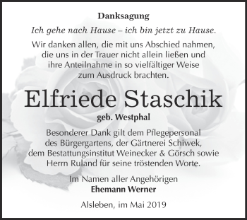 Traueranzeige von Elfriede Staschik von Super Sonntag Bernburg