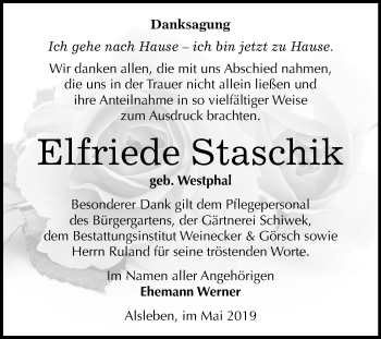 Traueranzeige von Elfriede Staschik von Mitteldeutsche Zeitung Bernburg