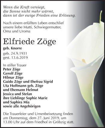 Traueranzeige von Elfriede Zöge von Mitteldeutsche Zeitung Köthen