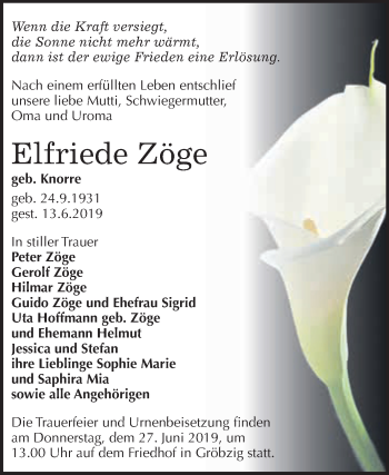 Traueranzeige von Elfriede Zöge von WVG - Wochenspiegel Dessau / Köthen