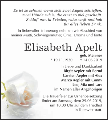 Traueranzeige von Elisabeth Apelt von WVG - Wochenspiegel NMB / WSF / ZTZ