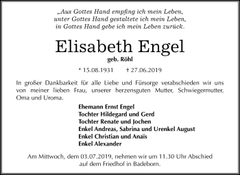 Traueranzeige von Elisabeth Engel von Mitteldeutsche Zeitung Quedlinburg