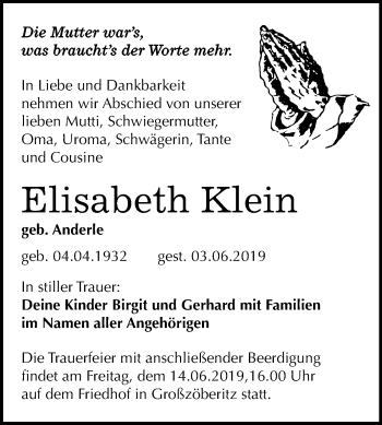 Traueranzeige von Elisabeth Klein von WVG - Wochenspiegel Bitterfeld