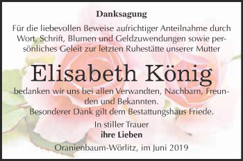 Traueranzeige von Elisabeth König von WVG - Wochenspiegel Dessau / Köthen