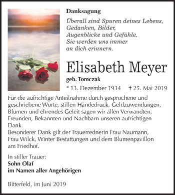 Traueranzeige von Elisabeth Meyer von Mitteldeutsche Zeitung Bitterfeld